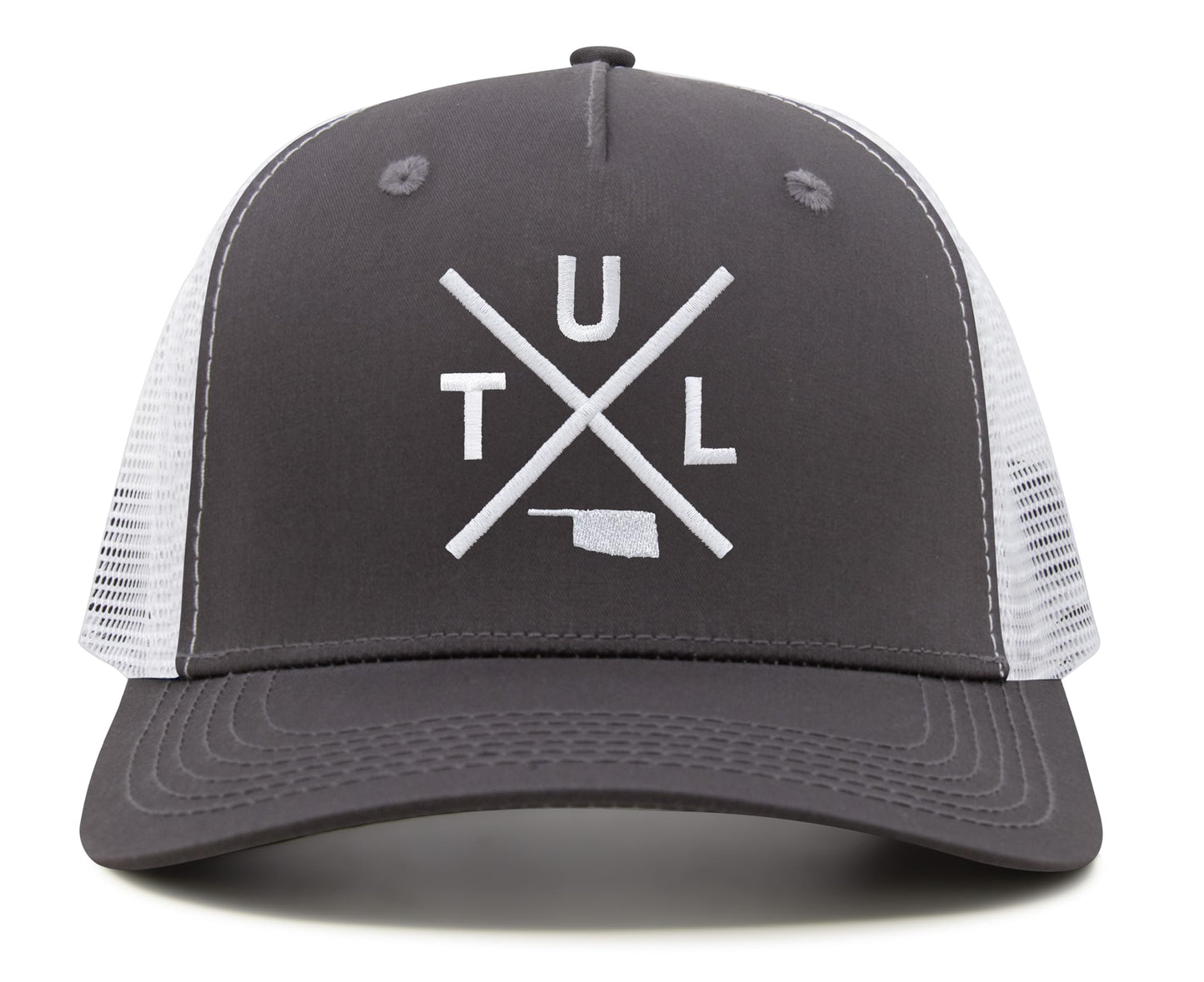 International Tie Hat for Men and Women, TUL Snapback Trucker Baseball Cap, Embroidered Cross Logo (TUL - Tulsa, Grey White)