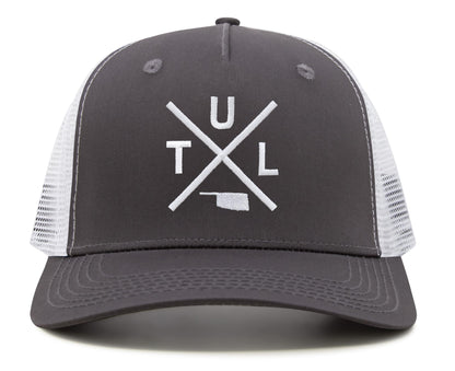 International Tie Hat for Men and Women, TUL Snapback Trucker Baseball Cap, Embroidered Cross Logo (TUL - Tulsa, Grey White)