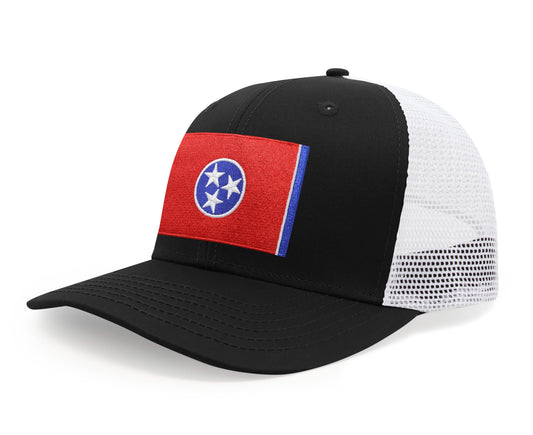 International Tie Premium Tennessee Flag Patch Hat for Men and Women - Snapback Trucker Baseball Cap (Black White)
