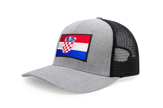 International Tie Country Hat for Men and Women, Adjustable Snapback Trucker Baseball Cap with Embroidered Patch (Croatia, Grey Black)