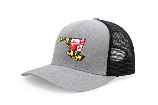 International Tie Stateline Flag Hat for Men and Women - Snapback Trucker Baseball Cap (Maryland, Grey Black)