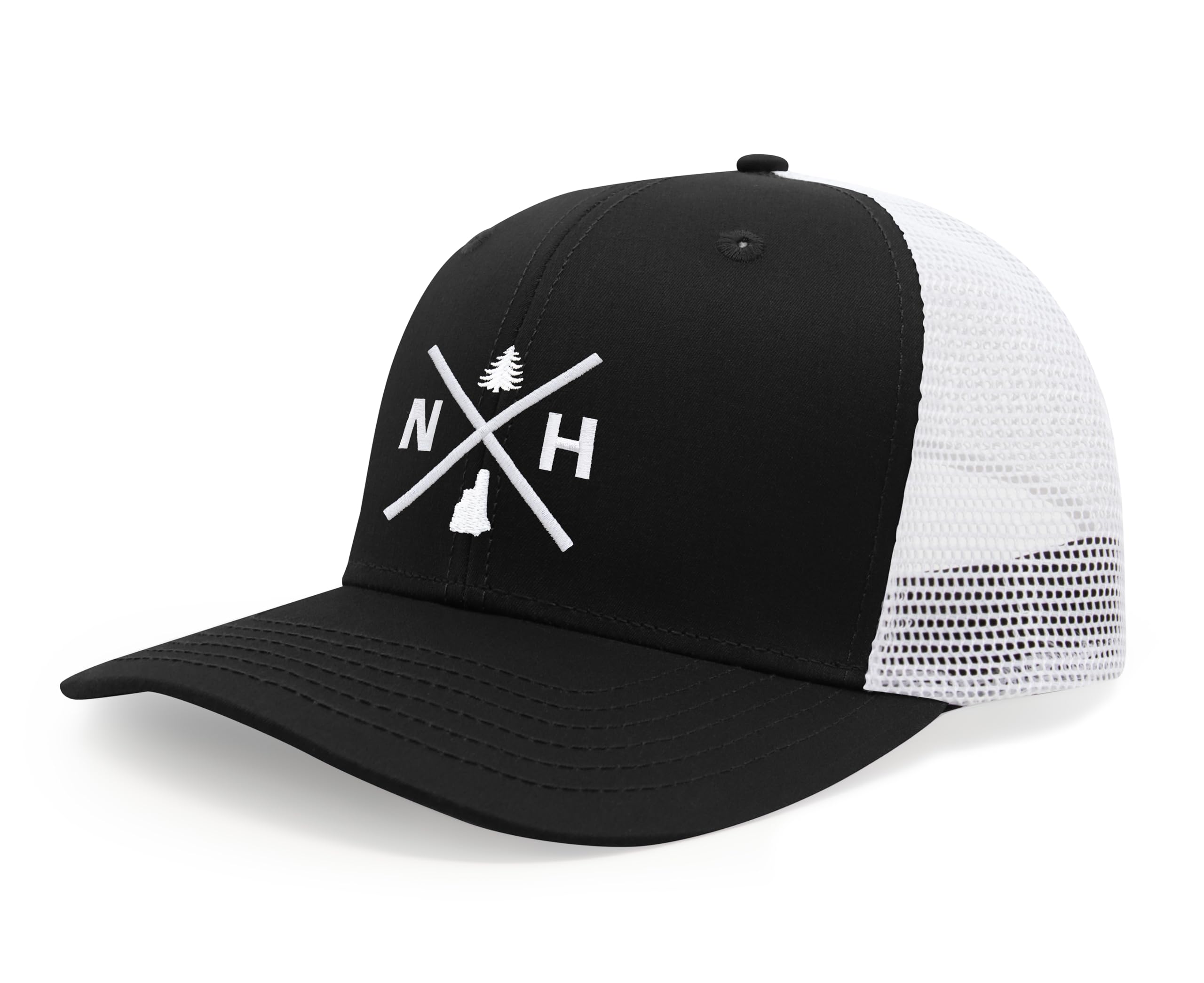 International Tie Hat for Men and Women, Adjustable Snapback Trucker Baseball Cap, Embroidered Cross Logo (NH- New Hampshire, Black White)