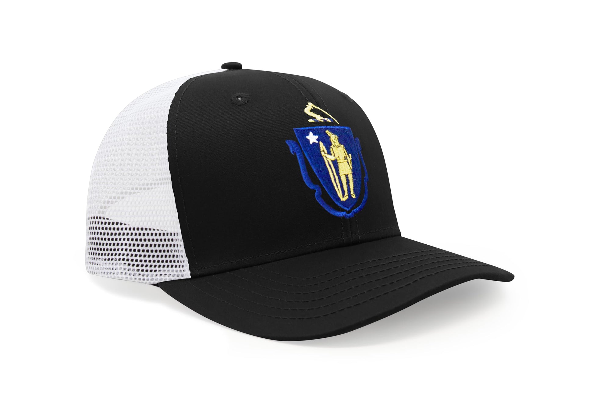 International Tie State Hat for Men and Women, Adjustable Snapback Trucker Baseball Cap with Embroidered Patch (Massachusetts, Black White) - International Tie