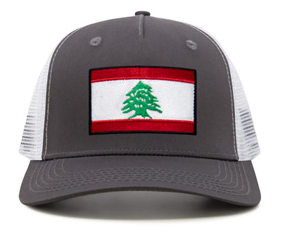 International Tie Lebanon Flag Hat for Men and Women - Adjustable Snapback Trucker Baseball Cap (Grey White)