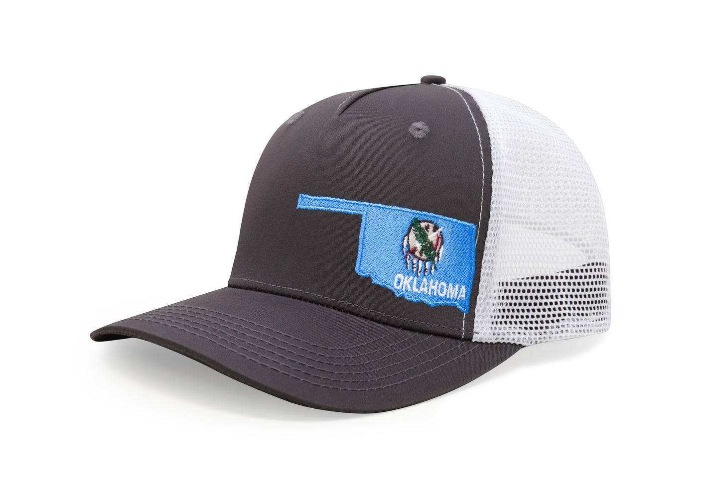 International Tie Stateline Flag Hat for Men and Women - Snapback Trucker Baseball Cap (Oklahoma, Grey White)