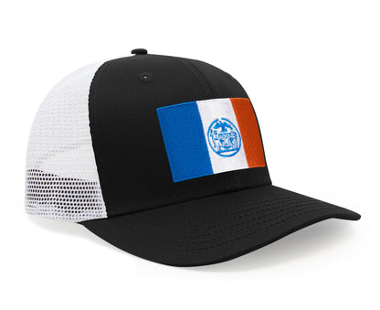 International Tie New York City Flag Hat for Men and Women - Adjustable Snapback Trucker Baseball Cap (Black White)