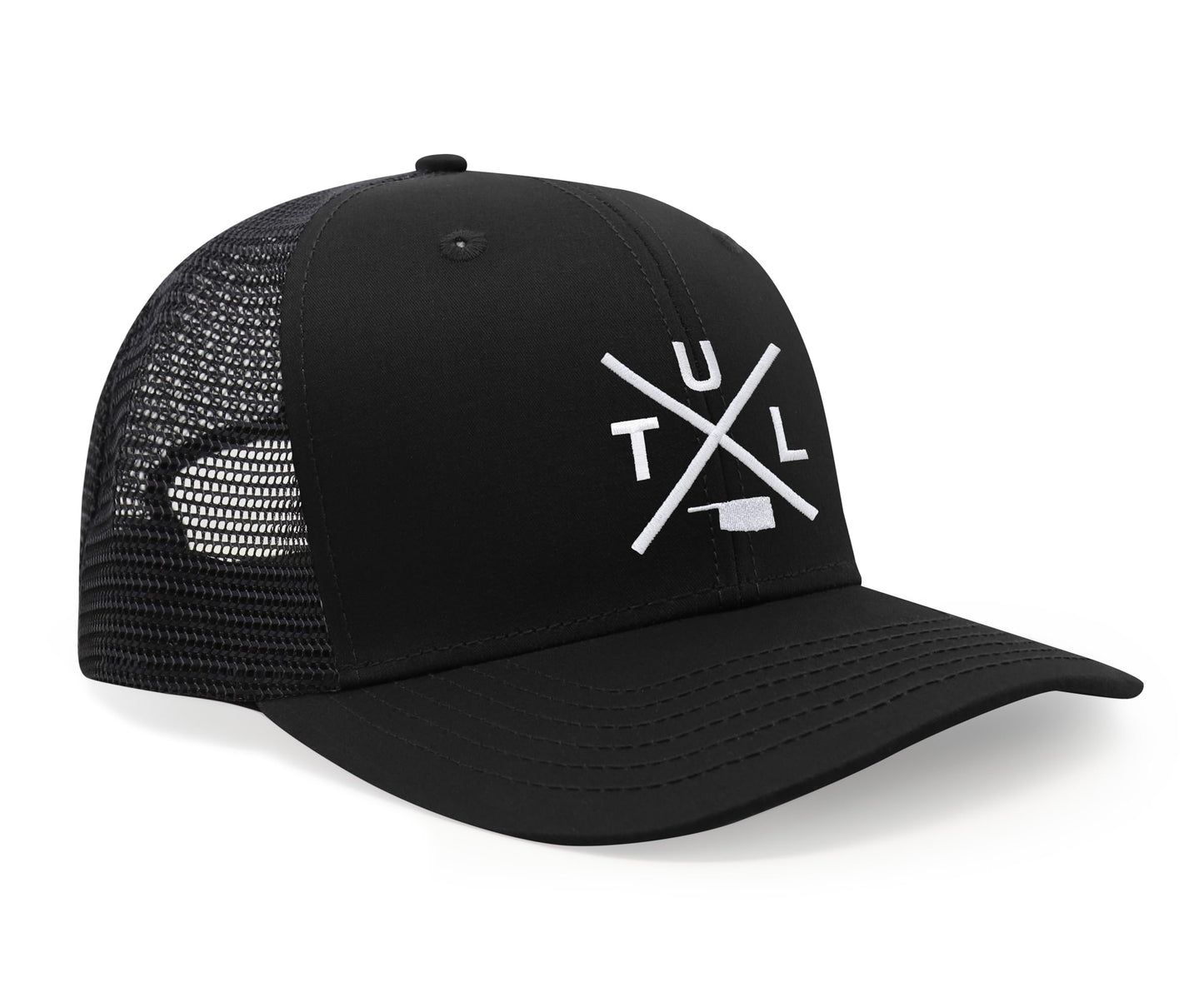 International Tie Hat for Men and Women, TUL Snapback Trucker Baseball Cap, Embroidered Cross Logo (TUL - Tulsa, All Black)
