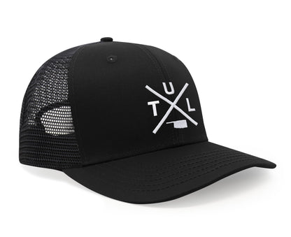 International Tie Hat for Men and Women, TUL Snapback Trucker Baseball Cap, Embroidered Cross Logo (TUL - Tulsa, All Black)