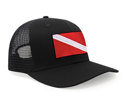 International Tie Scuba Diver Hat for Men and Women, Adjustable Snapback Trucker Baseball Cap with Embroidered Scuba Flag (All Black)