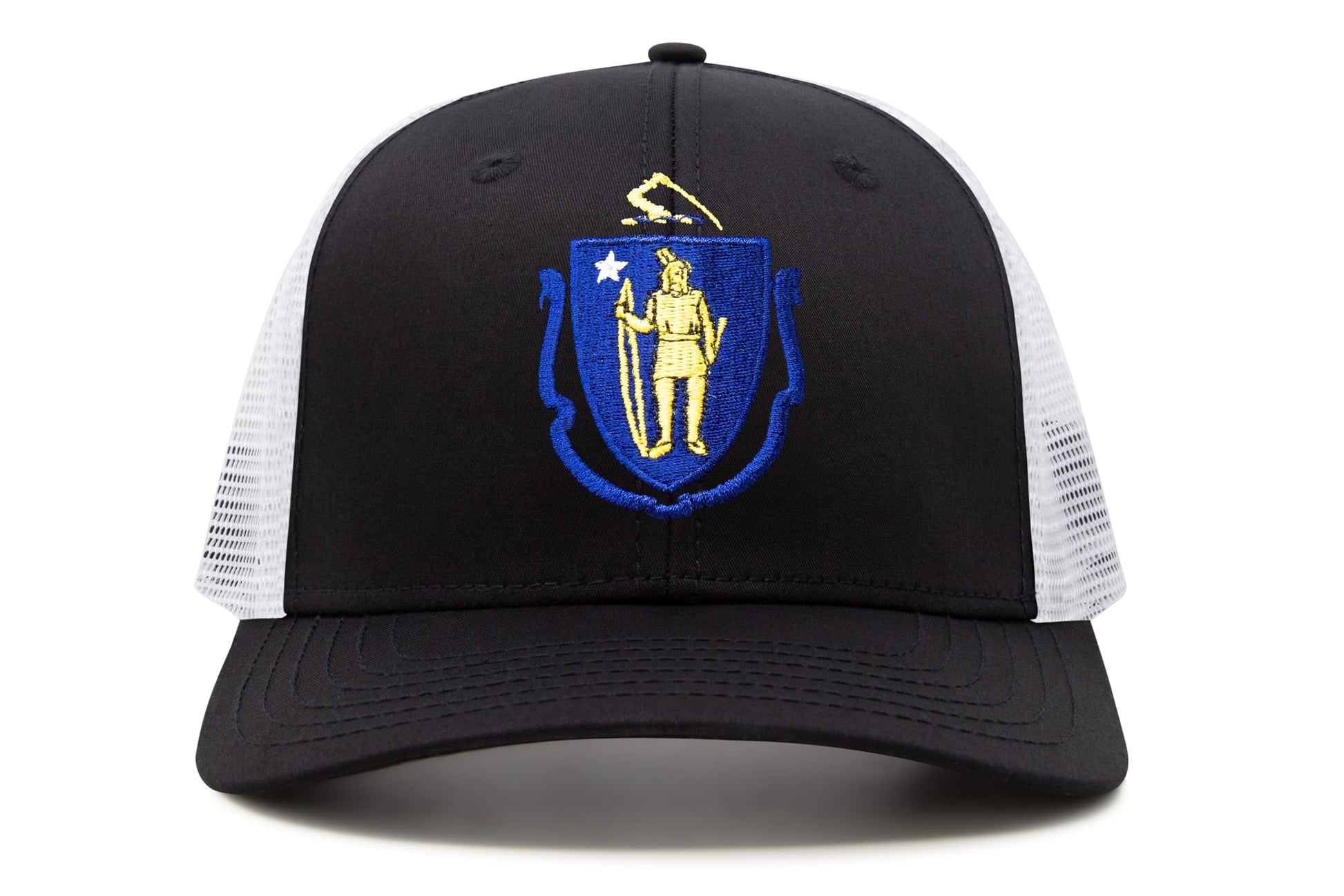 International Tie State Hat for Men and Women, Adjustable Snapback Trucker Baseball Cap with Embroidered Patch (Massachusetts, Black White) - International Tie