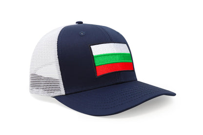 International Tie Country Hat for Men and Women, Adjustable Snapback Trucker Baseball Cap with Embroidered Patch (Bulgaria, Navy White)