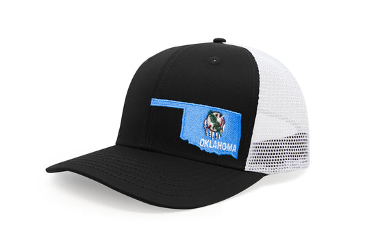 International Tie Stateline Flag Hat for Men and Women - Snapback Trucker Baseball Cap (Oklahoma, Black White)