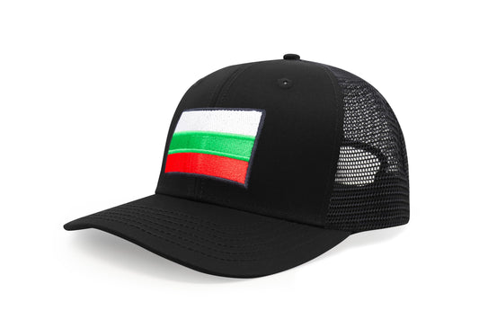 International Tie Country Hat for Men and Women, Adjustable Snapback Trucker Baseball Cap with Embroidered Patch (Bulgaria, All Black)