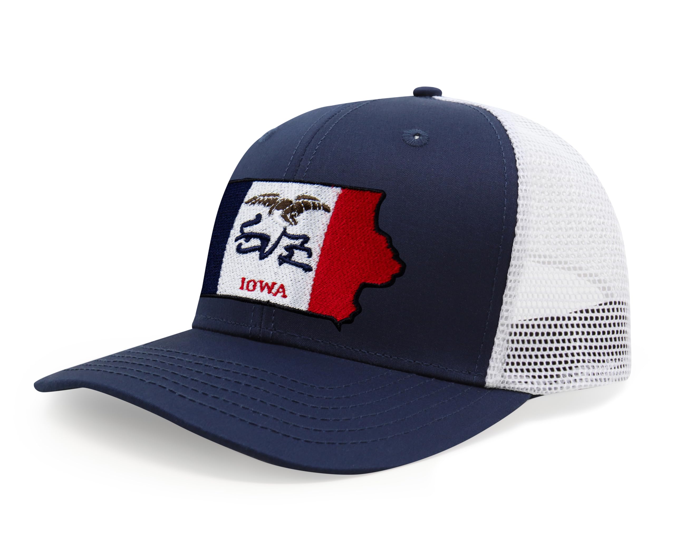 International Tie Stateline Flag Hat for Men and Women - Snapback Trucker Baseball Cap (Iowa, Navy White)