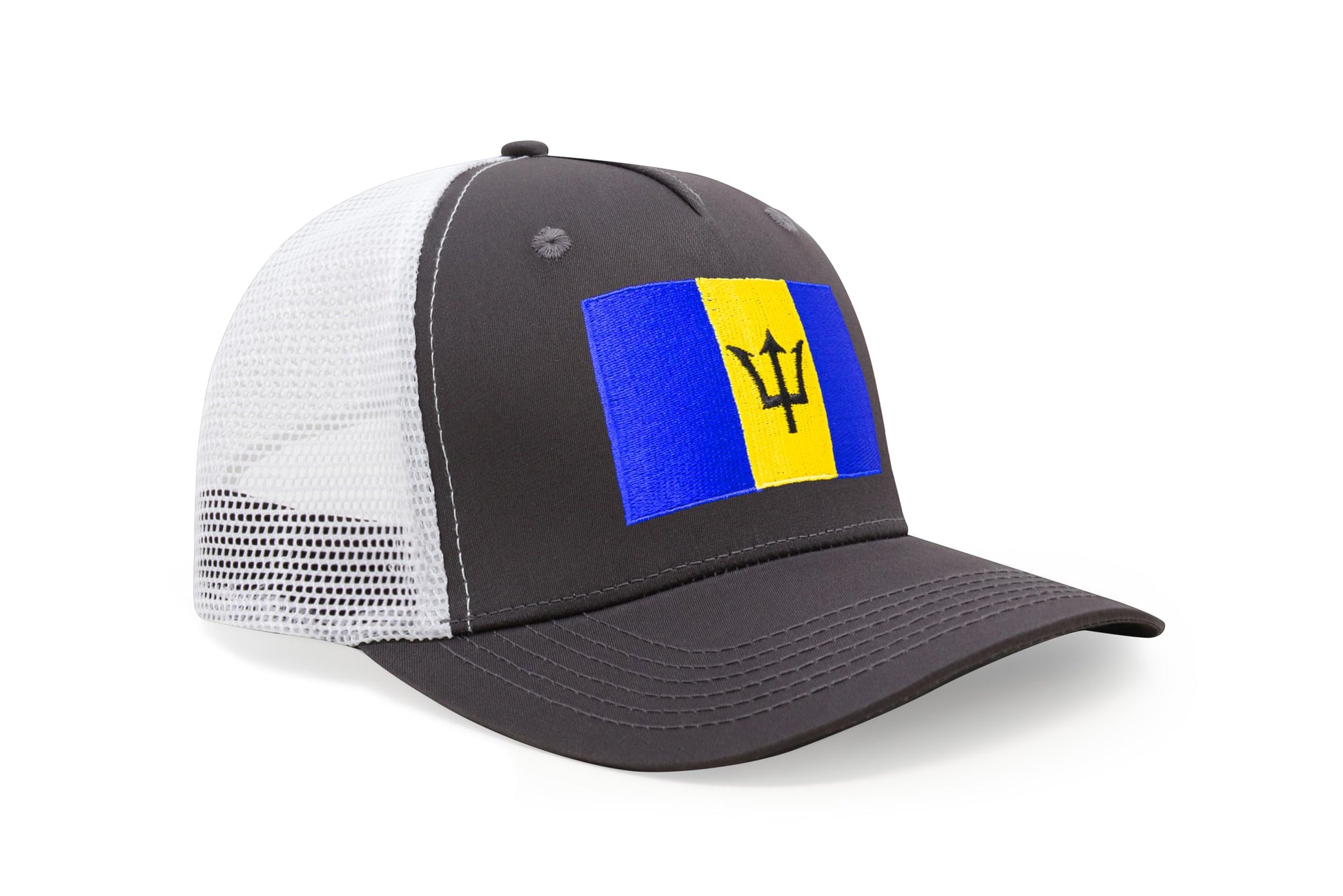 International Tie Country Hat for Men and Women, Adjustable Snapback Trucker Baseball Cap with Embroidered Patch (Barbados, Grey White) - International Tie