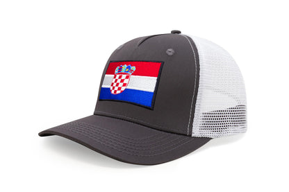 International Tie Country Hat for Men and Women, Adjustable Snapback Trucker Baseball Cap with Embroidered Patch (Croatia, Grey White)