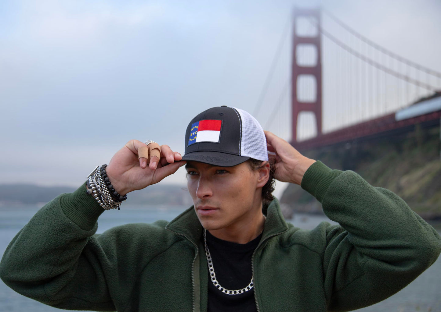 North Carolina Flag Trucker Baseball Snapback Hat (Black White) - International Tie