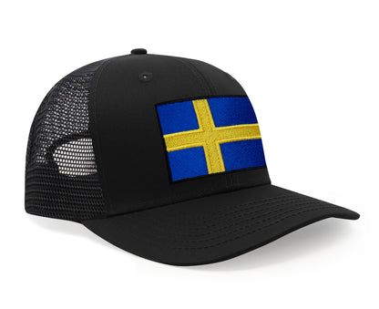International Tie Swedish Flag Hat for Men and Women - Sweden Snapback Trucker Baseball Cap (All Black)