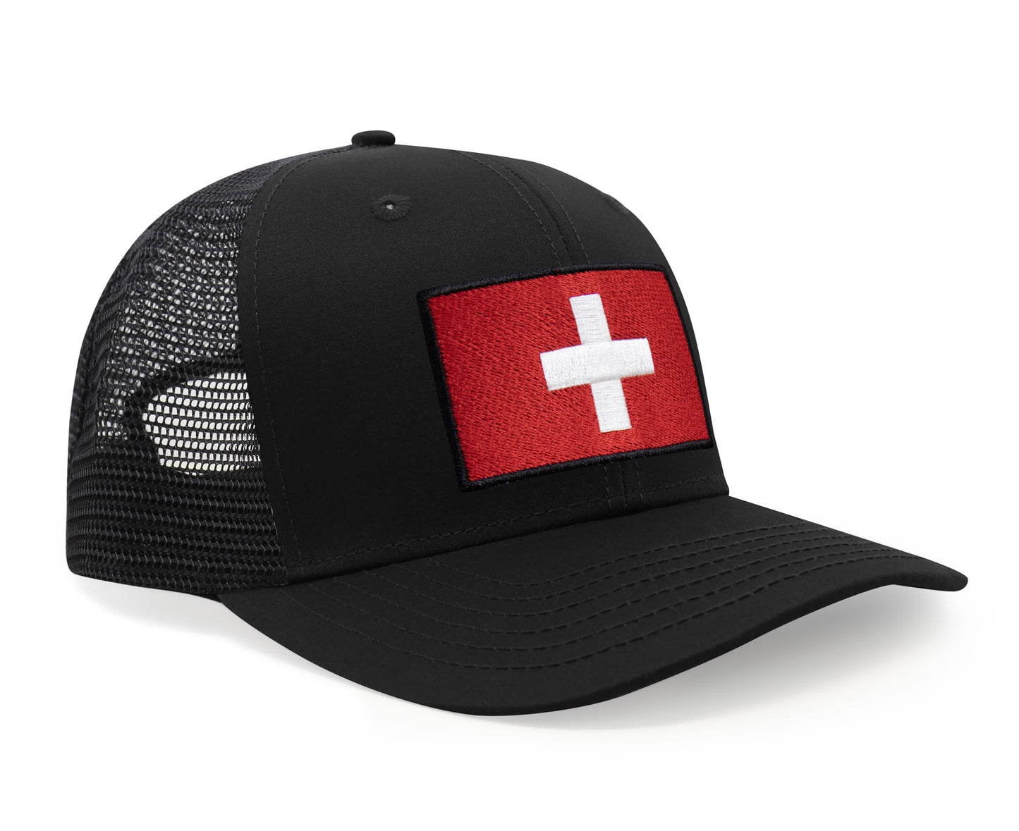 International Tie Swiss Flag Hat for Men and Women - Switzerland Snapback Trucker Baseball Cap (All Black)
