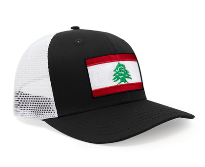 International Tie Lebanon Flag Hat for Men and Women - Adjustable Snapback Trucker Baseball Cap (Black White)