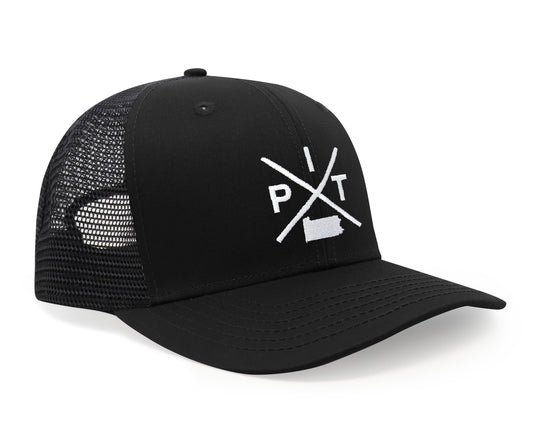 International Tie Hat for Men and Women, Snapback Trucker Baseball Cap, Embroidered Cross Logo (Pit - Pittsburgh, All Black)
