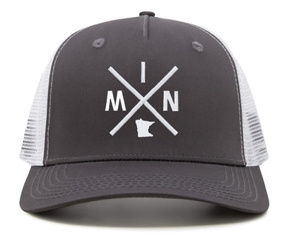 International Tie Hat for Men and Women, MIN Snapback Trucker Baseball Cap, Embroidered Cross Logo (MIN - Minnesota, Grey White)