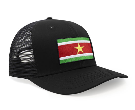 International Tie Country Hat for Men and Women, Adjustable Snapback Trucker Baseball Cap with Embroidered Patch (Suriname, All Black) - International Tie