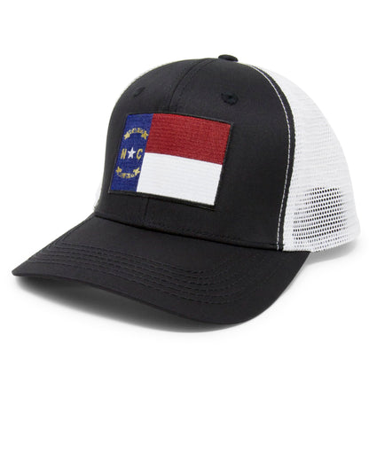 North Carolina Flag Trucker Baseball Snapback Hat (Black White) - International Tie