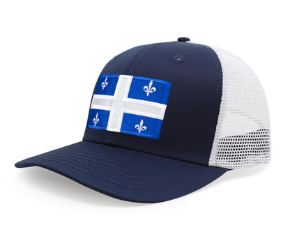 International Tie State Hat for Men and Women, Adjustable Snapback Trucker Baseball Cap with Embroidered Patch (Quebec, Navy White)