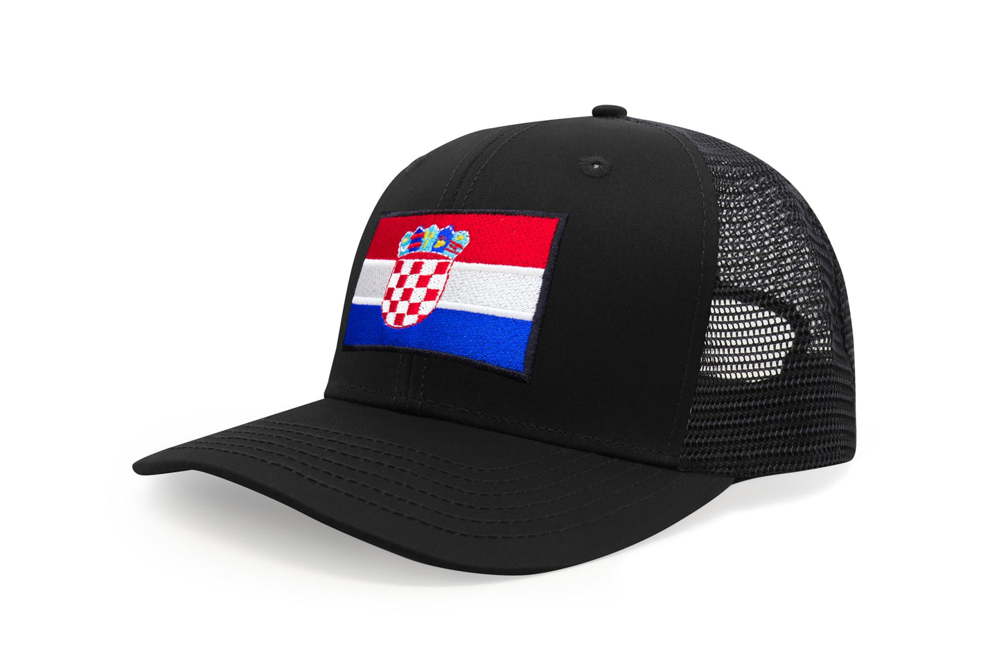 International Tie Country Hat for Men and Women, Adjustable Snapback Trucker Baseball Cap with Embroidered Patch (Croatia, All Black)
