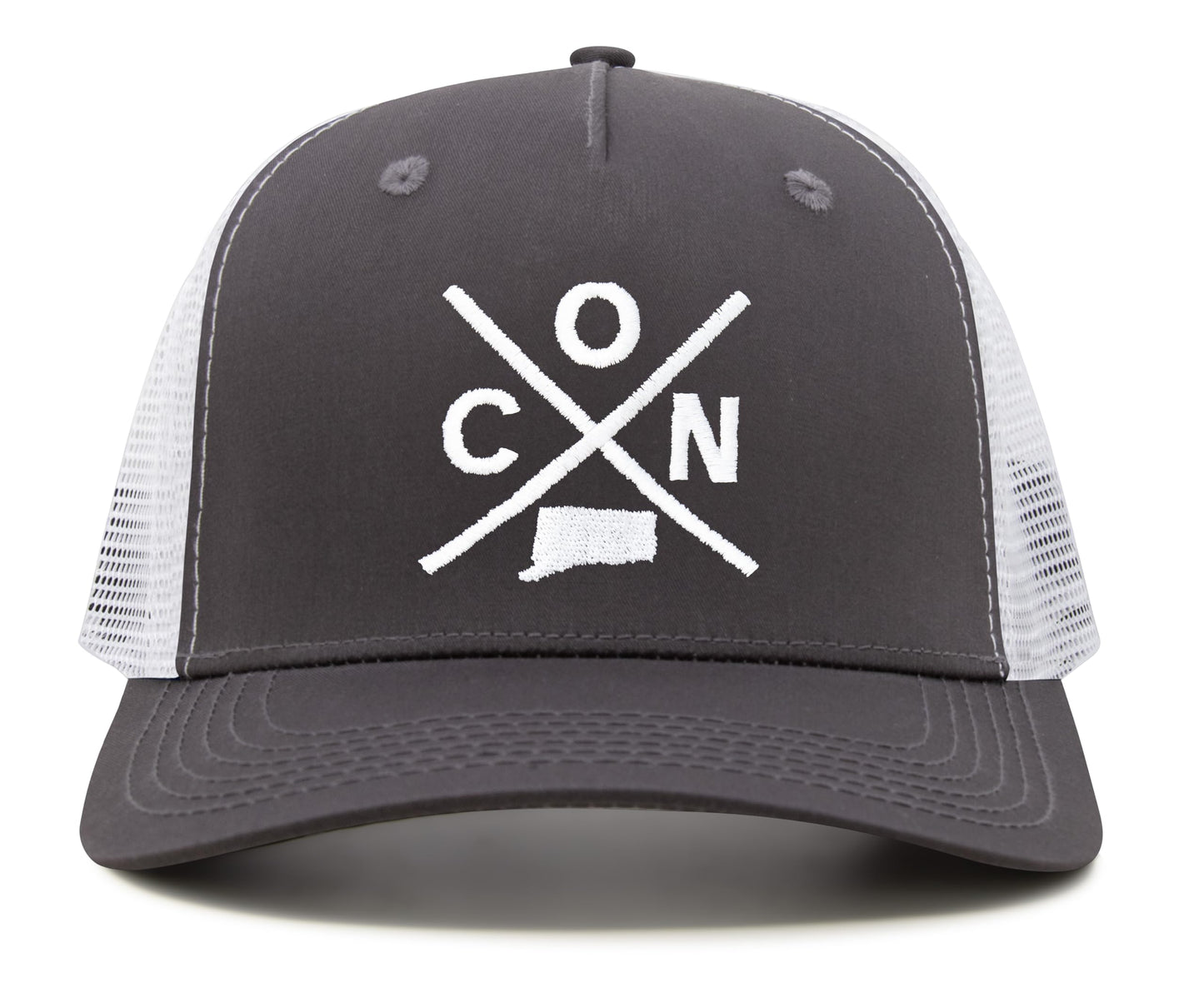 International Tie State City Hat for Men and Women, Snapback Trucker Baseball Cap with Embroidered Cross Logo (Connecticut - CON, Grey White)