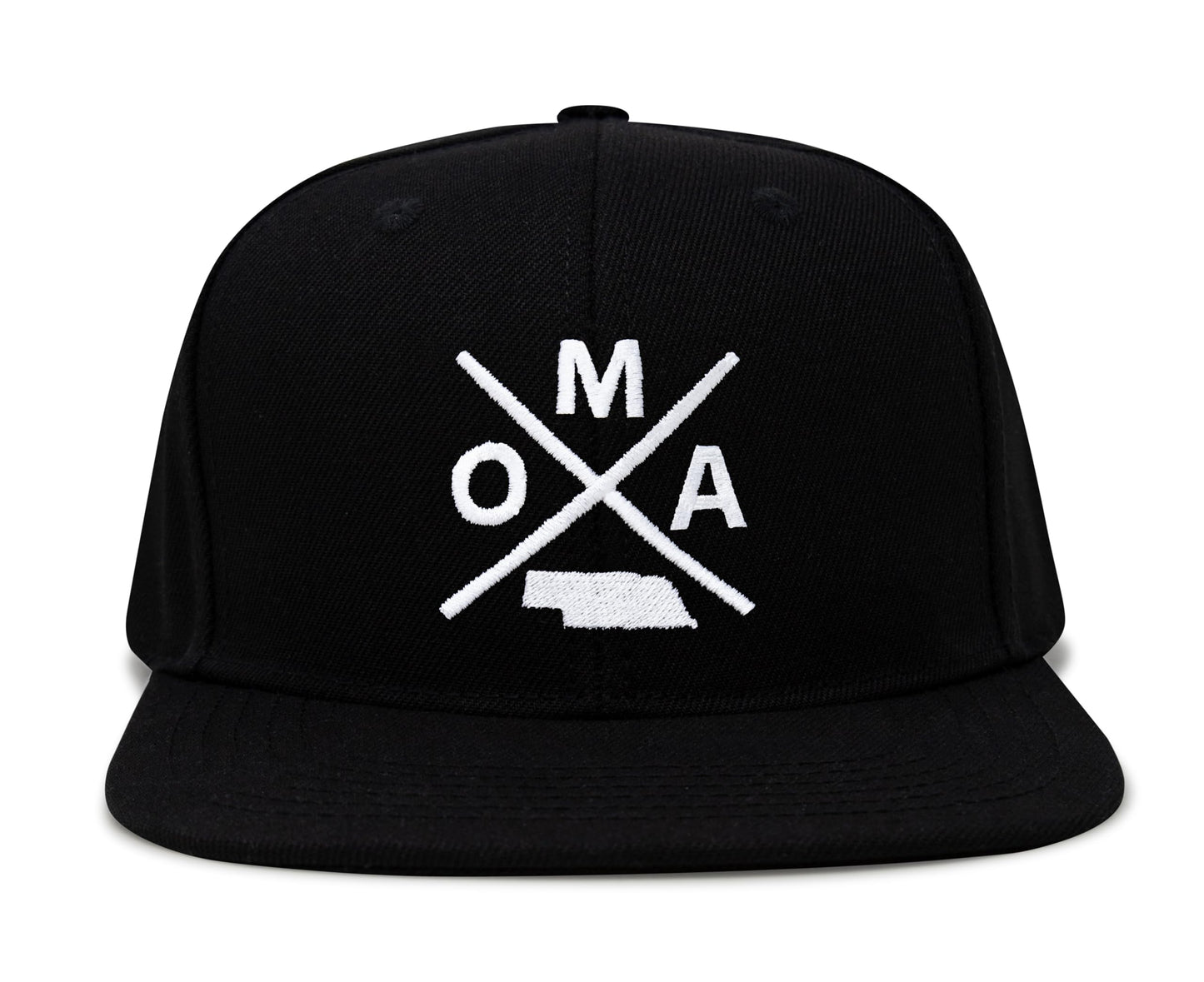 International Tie Hat for Men and Women, Snapback Trucker Baseball Cap, Embroidered Cross Logo (OMA - Omaha, Black Flatbill) - International Tie