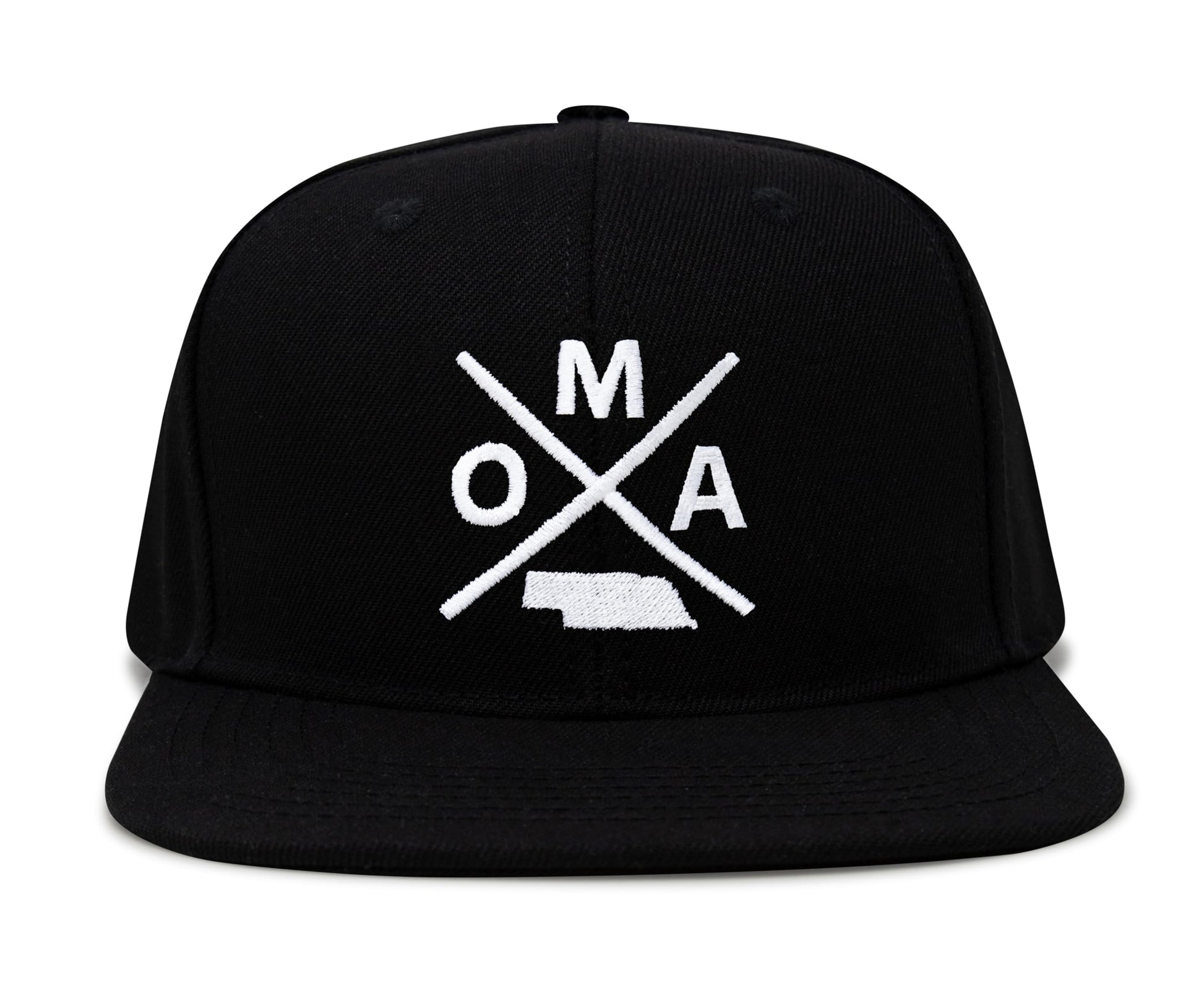 International Tie Hat for Men and Women, Snapback Trucker Baseball Cap, Embroidered Cross Logo (OMA - Omaha, Black Flatbill) - International Tie