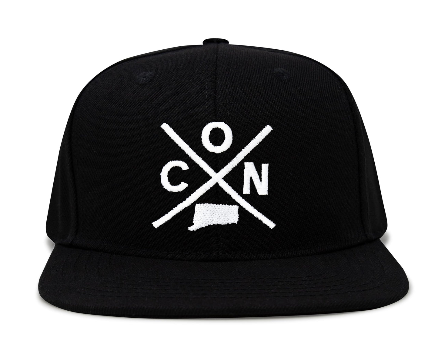International Tie State City Hat for Men and Women, Snapback Trucker Baseball Cap with Embroidered Cross Logo (Connecticut - CON, Black Flatbill)