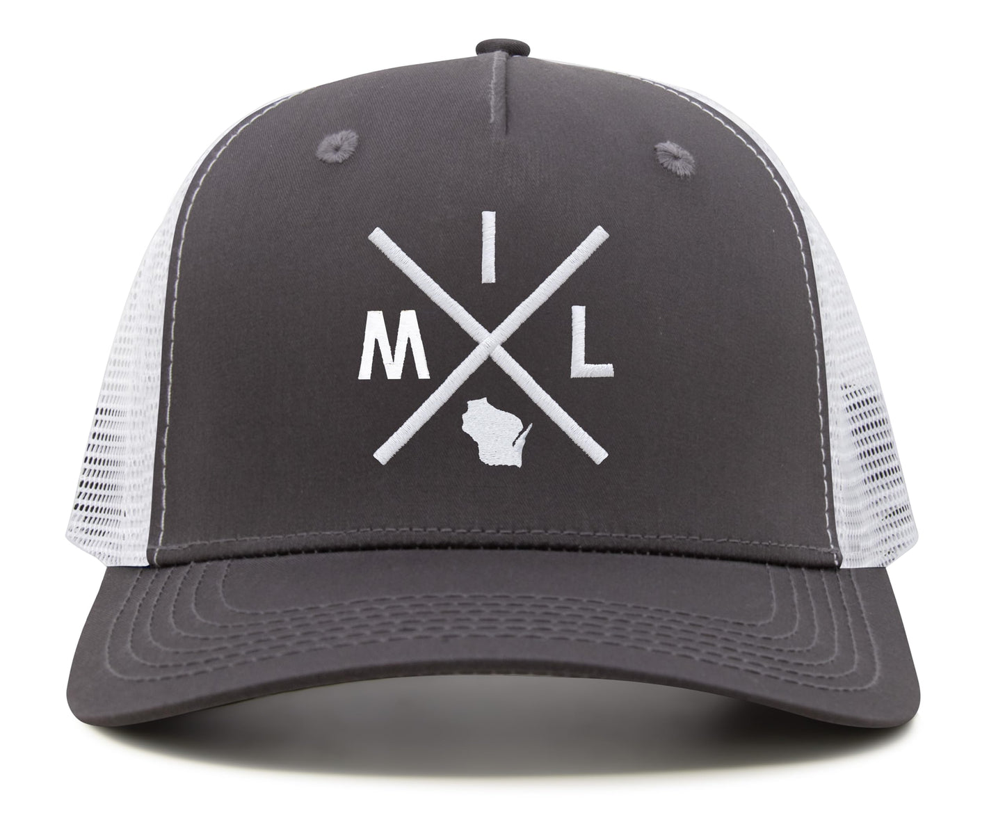 International Tie Hat for Men and Women, Adjustable Snapback Trucker Baseball Cap, Embroidered Cross Logo (MIL - Milwaukee, Grey White)