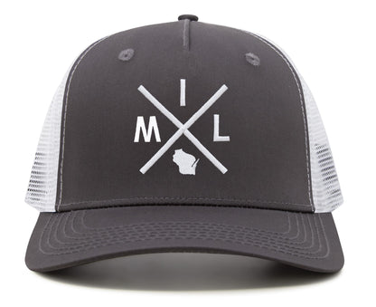 International Tie Hat for Men and Women, Adjustable Snapback Trucker Baseball Cap, Embroidered Cross Logo (MIL - Milwaukee, Grey White)