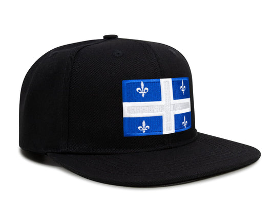 International Tie State Hat for Men and Women, Adjustable Snapback Trucker Baseball Cap with Embroidered Patch (Quebec, Black Flatbill)