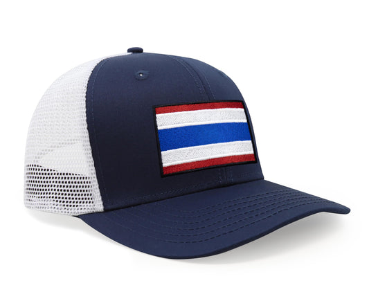 International Tie Country Hat for Men and Women, Adjustable Snapback Trucker Baseball Cap with Embroidered Patch (Thailand, Navy White) - International Tie