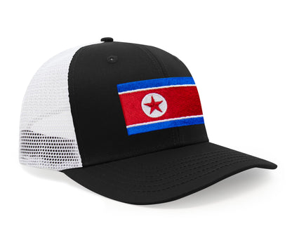 International Tie North Korea Flag Hat for Men and Women - Adjustable Snapback Trucker Baseball Cap (Black White)