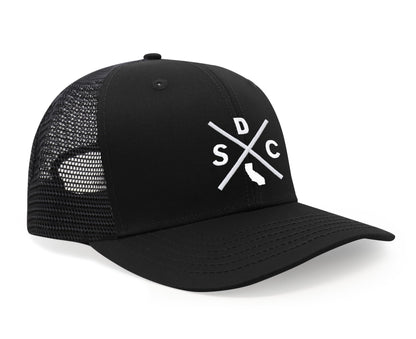 International Tie Hat for Men and Women, Adjustable Snapback Trucker Baseball Cap, Embroidered Cross Logo (SDC - San Diego, All Black)