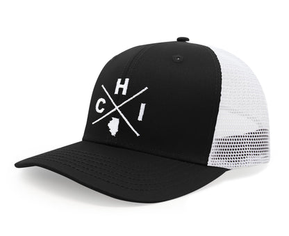International Tie Premium Chicago CHI Flag Hat Men and Women – Snapback Trucker Baseball Cap (Black/White)