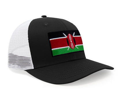 International Tie Kenya Flag Hat for Men and Women - Adjustable Snapback Trucker Baseball Cap (Black White)