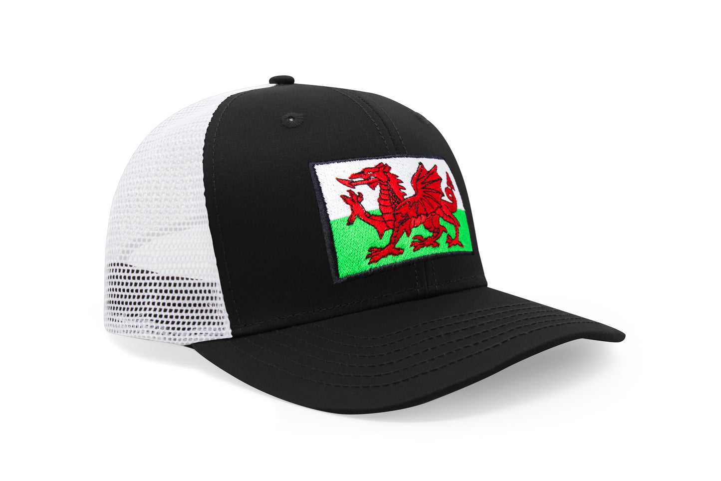 International Tie Country Hat for Men and Women, Adjustable Snapback Trucker Baseball Cap with Embroidered Patch (Wales, Black White)