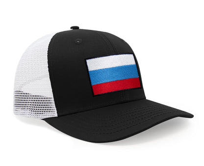 International Tie Russian Flag Hat for Men and Women - Adjustable Snapback Trucker Baseball Cap (Black White)