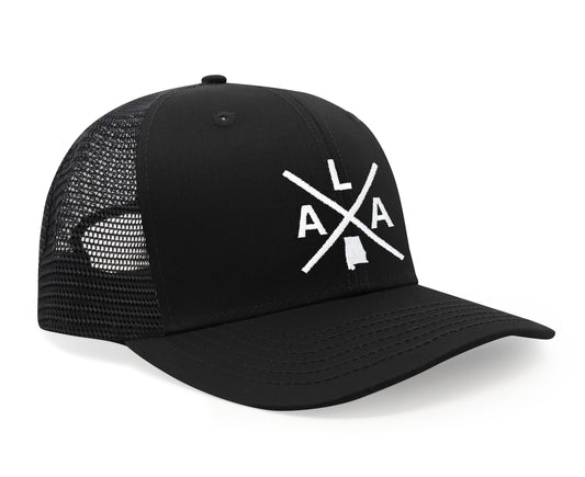 International Tie State City Hat for Men and Women, Snapback Trucker Baseball Cap with Embroidered Cross Logo (Alabama - ALA, All Black) - International Tie