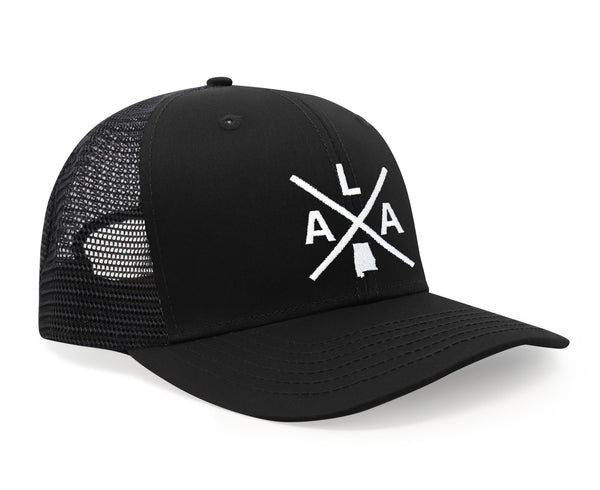 International Tie State City Hat for Men and Women, Snapback Trucker Baseball Cap with Embroidered Cross Logo (Alabama - ALA, All Black) - International Tie