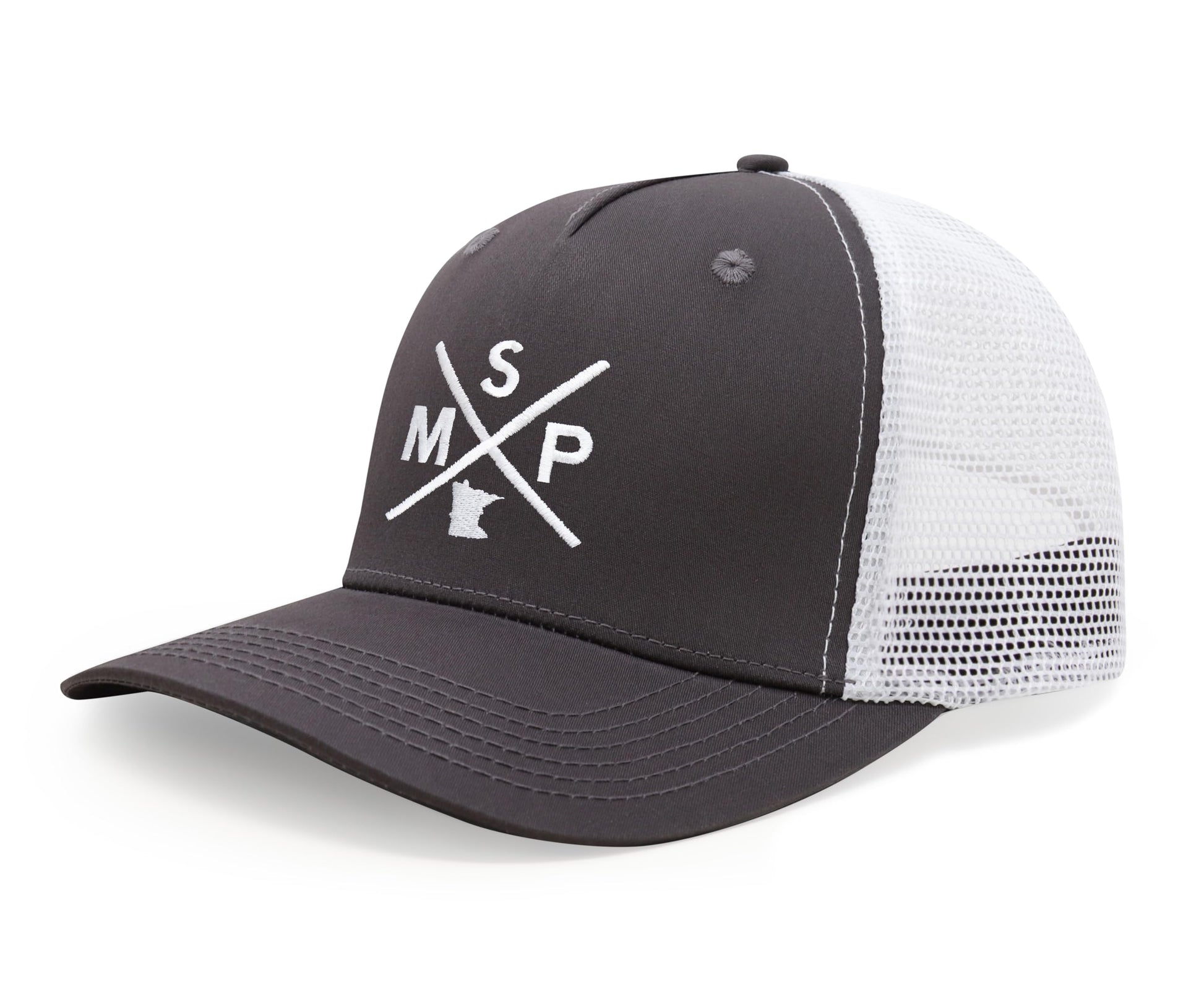 International Tie State City Hat for Men and Women, Snapback Trucker Baseball Cap with Embroidered Cross Logo (MSP - Minneapolis St. Paul, Grey White) - International Tie
