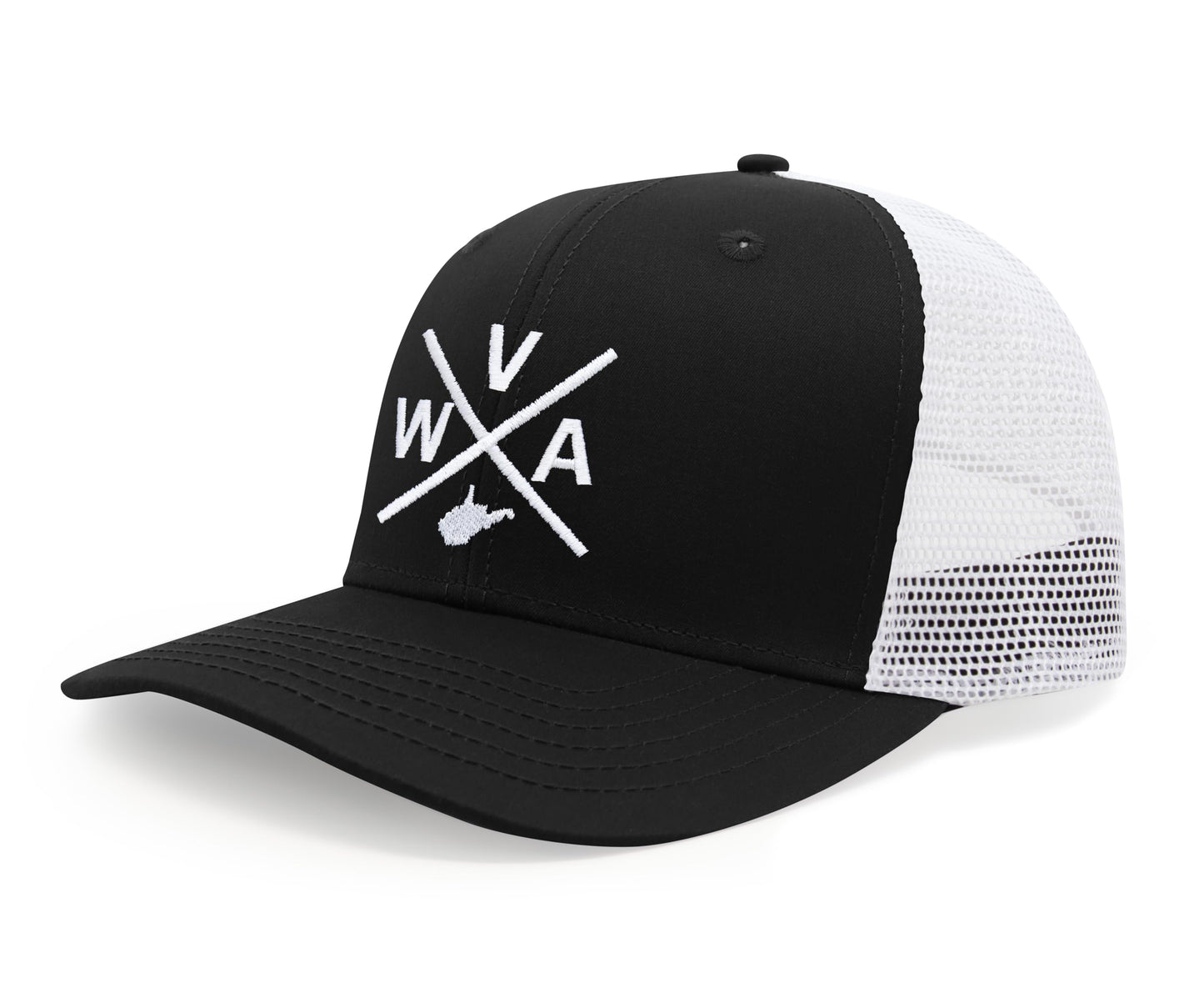 International Tie State City Hat for Men and Women, Snapback Trucker Baseball Cap with Embroidered Cross Logo (West Virginia - WVA, Black White) - International Tie