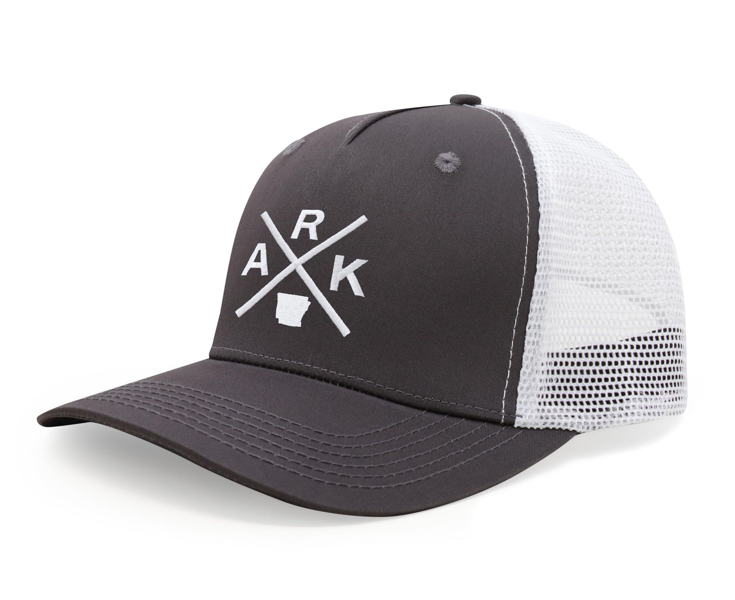 International Tie Hat for Men and Women, Adjustable Snapback Trucker Baseball Cap, Embroidered Cross Logo (ARK - Arkansas, Grey White)