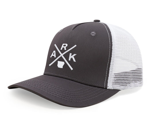 International Tie Hat for Men and Women, Adjustable Snapback Trucker Baseball Cap, Embroidered Cross Logo (ARK - Arkansas, Grey White)